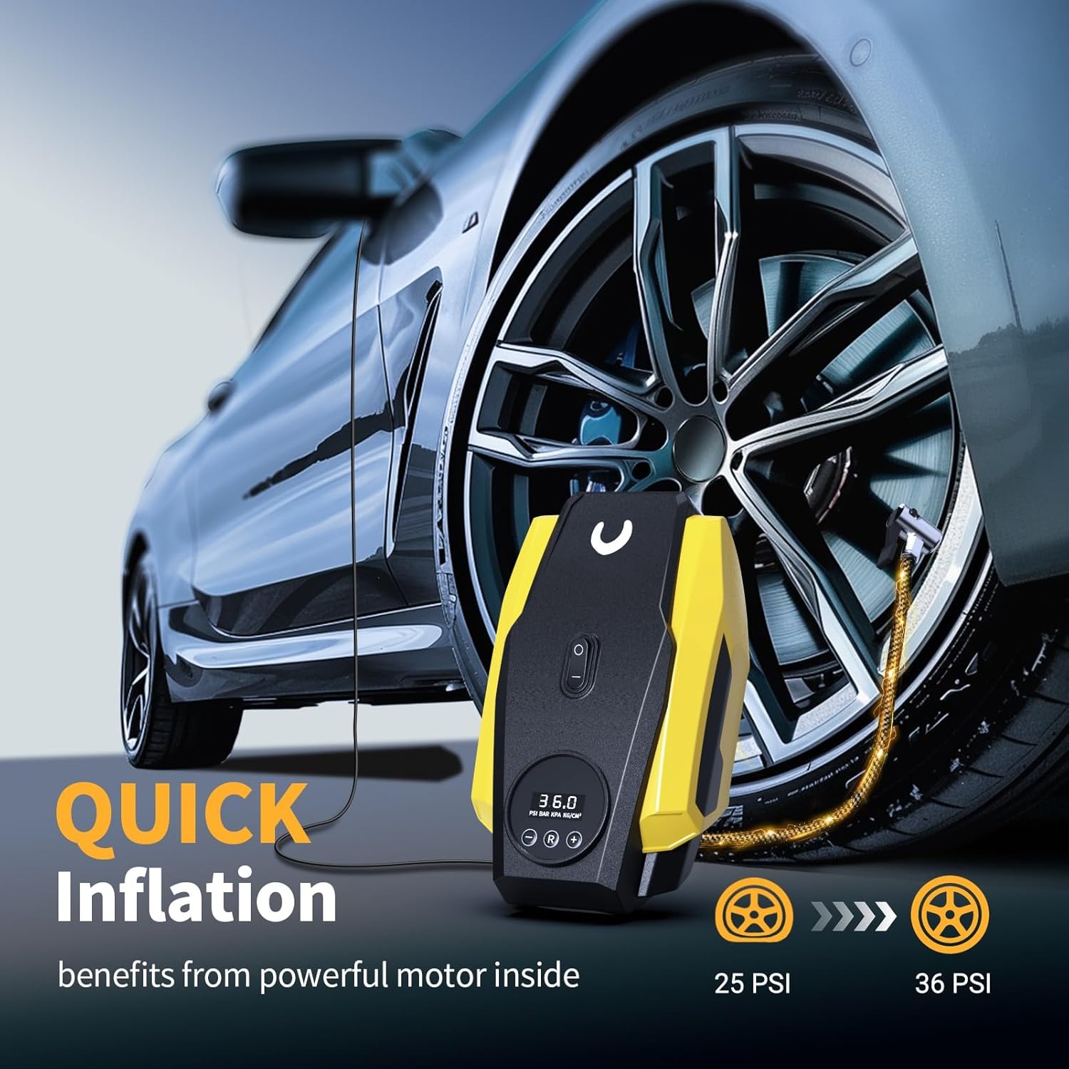 Compresor de aer portabil pentru umflator de anvelope Powools - Pompă de aer pentru anvelope auto - Pompă compactă pentru anvelope 12V DC cu oprire automată - Accesoriu auto multifuncțional cu lumină LED.