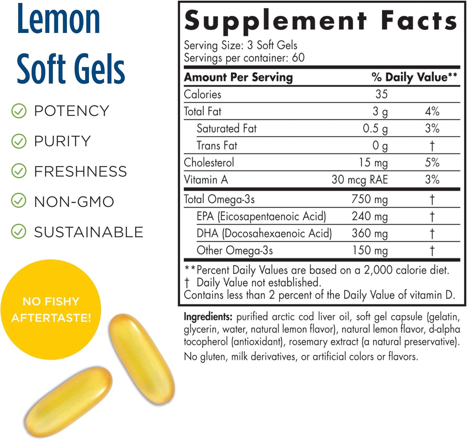 Nordic Naturals Ulei de ficat de cod arctic, lămâie - 180 de capsule moi - 750 mg Omega-3 total cu EPA și DHA - Sănătatea inimii și a creierului, imunitate sănătoasă, stare generală de sănătate - Non-OMG - 60 de porții