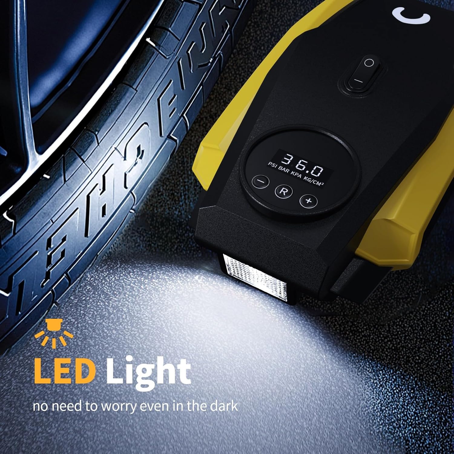 Compresor de aer portabil pentru umflator de anvelope Powools - Pompă de aer pentru anvelope auto - Pompă compactă pentru anvelope 12V DC cu oprire automată - Accesoriu auto multifuncțional cu lumină LED.