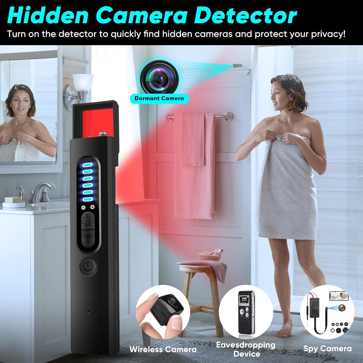 Detector de cameră ascunsă, detector de cameră anti-spion 2024, detector GPS pentru dispozitive ascunse, detector de insecte, scaner de semnal RF fără fir, potrivit pentru hotel, acasă, birou, 5 niveluri de sensibilitate (negru)
