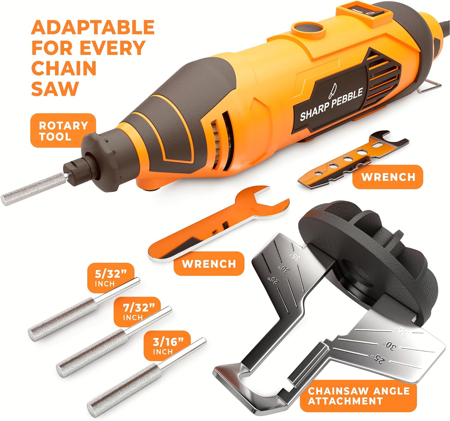 Kit de ascuțit pentru ferăstrău electric Sharp Pebble - Vine cu o unealtă de ascuțit cu lanț, roți de ascuțit cu diamant în 4 dimensiuni de fișiere, atașament unghi, cheie și carte electronică.