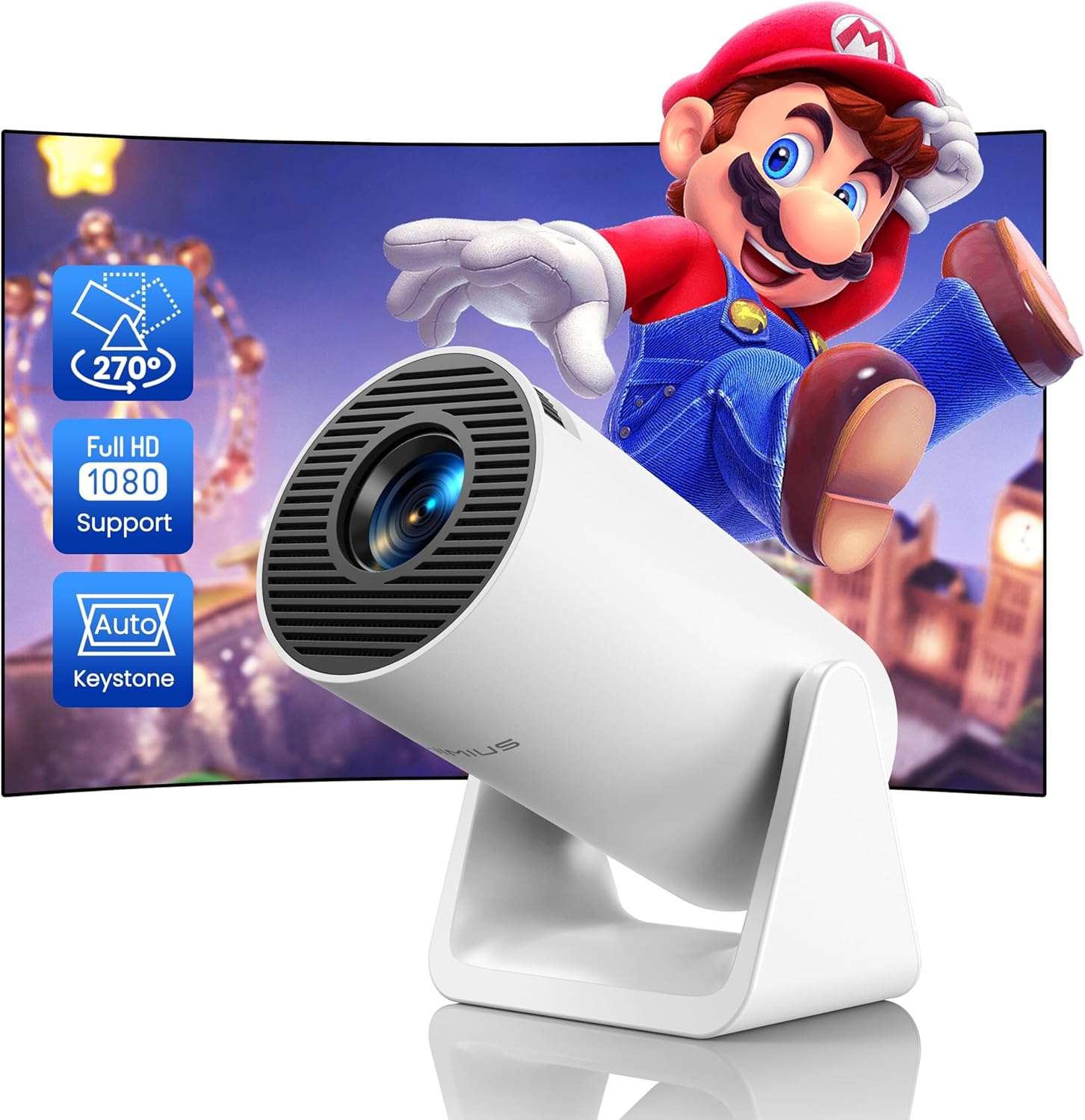 [Aplicație încorporată] Mini proiector cu WIFI 6 și Bluetooth, 4K 1080P suport proiector portabil, proiector de film cu ecran rotativ de 180°, ecran de 130 inchi, corectare automată a distorsiunii compatibile cu laptop, PC, smartphone