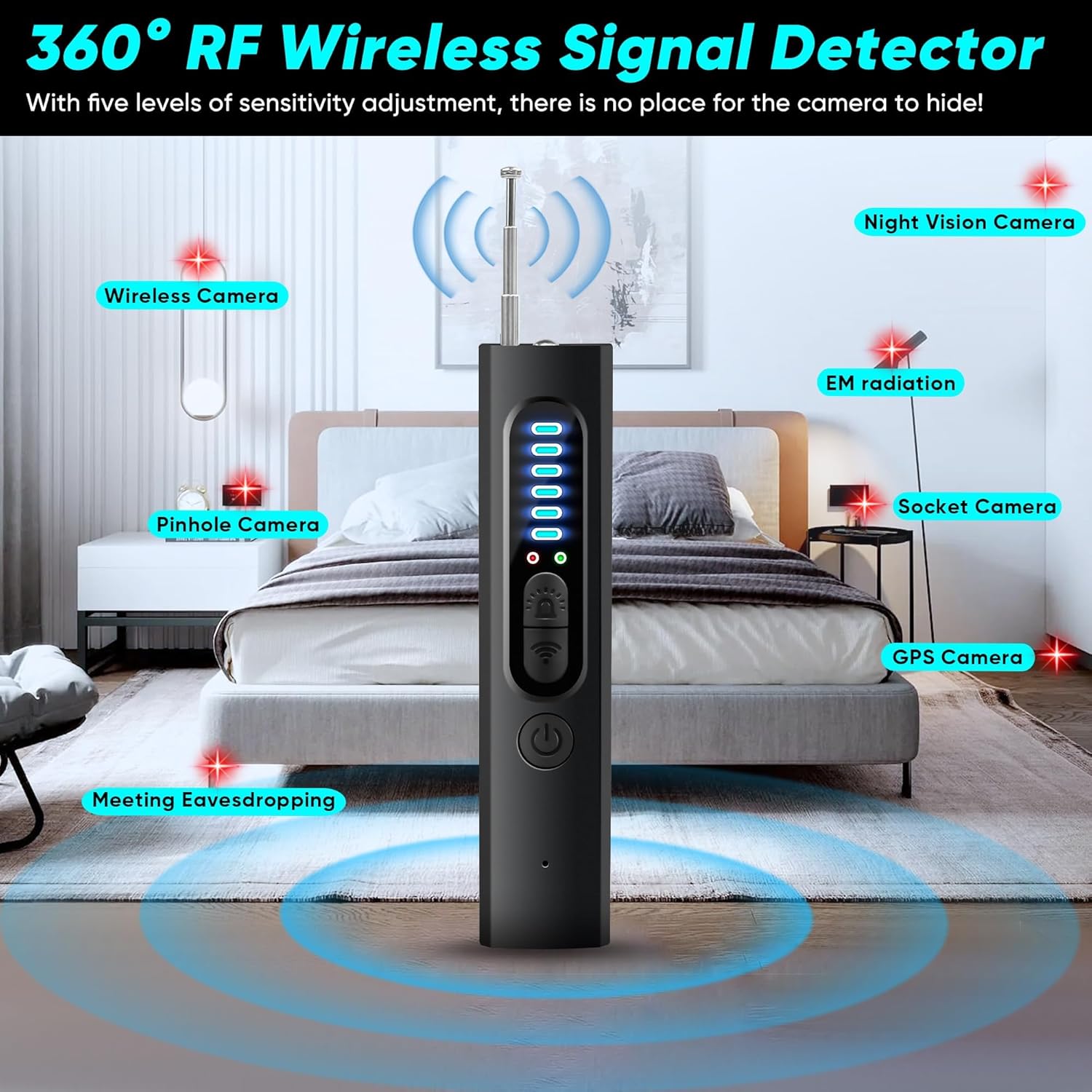 Detector de cameră ascunsă, detector de cameră anti-spion 2024, detector GPS pentru dispozitive ascunse, detector de insecte, scaner de semnal RF fără fir, potrivit pentru hotel, acasă, birou, 5 niveluri de sensibilitate (negru)