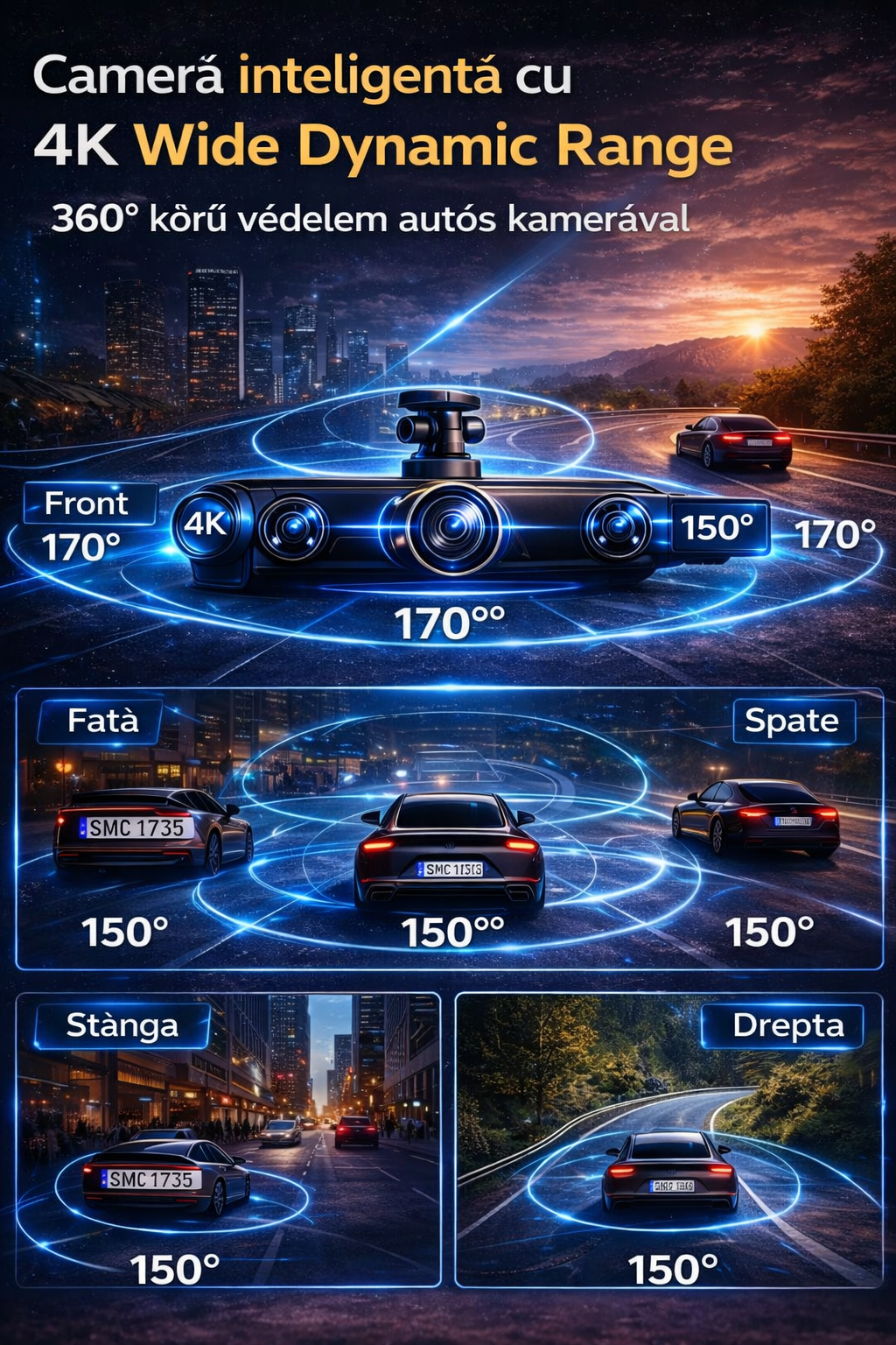 Cameră auto cu 4 camere – acoperire completă la 360°, înregistrare clară ziua și noaptea, 4K Ultra HD
