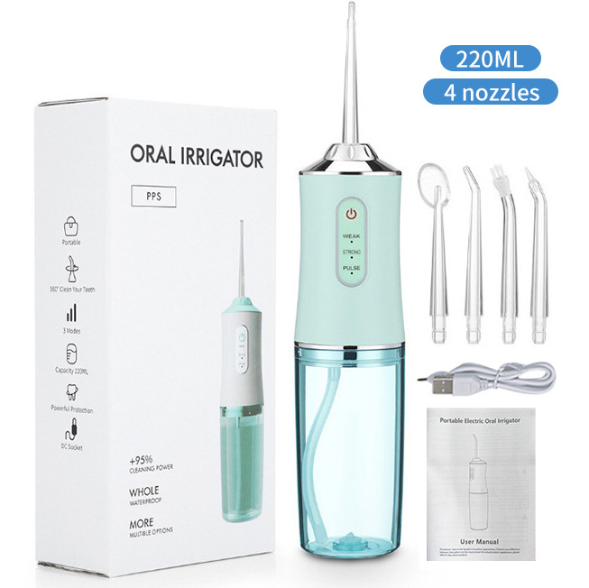 Ață dentară fără fir WAFLOO: irigator oral 4 duze 3 moduri portabil, rezervor de apă de 220 ml, reîncărcabil prin USB IPX7, ață dentară impermeabilă, pentru curățarea dinților adulților acasă și călătorii
