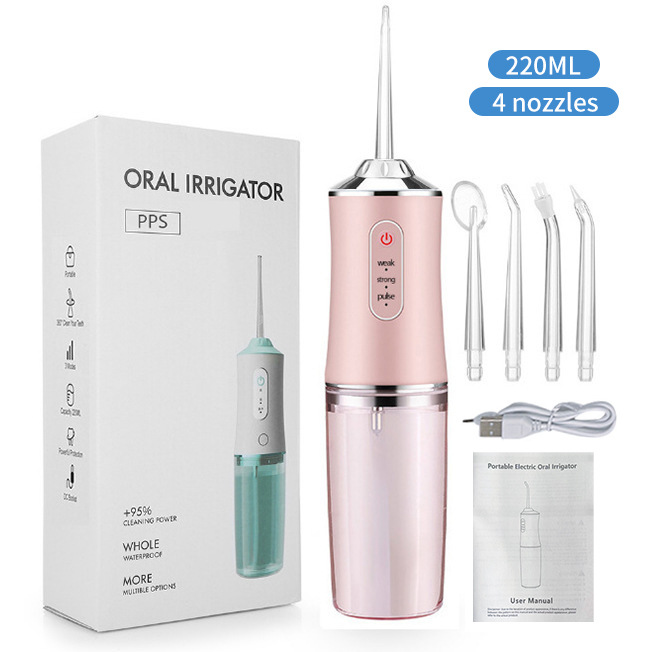 Ață dentară fără fir WAFLOO: irigator oral 4 duze 3 moduri portabil, rezervor de apă de 220 ml, reîncărcabil prin USB IPX7, ață dentară impermeabilă, pentru curățarea dinților adulților acasă și călătorii
