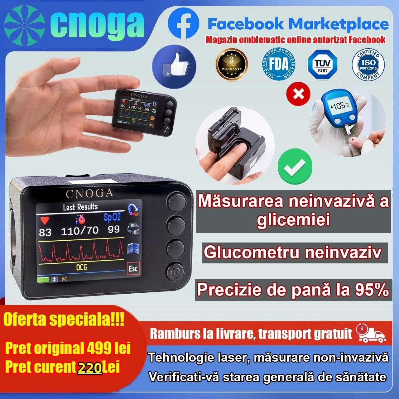 【CNOGA】 Monitor neinvaziv de înaltă precizie pentru glicemie şi oxigen din sânge