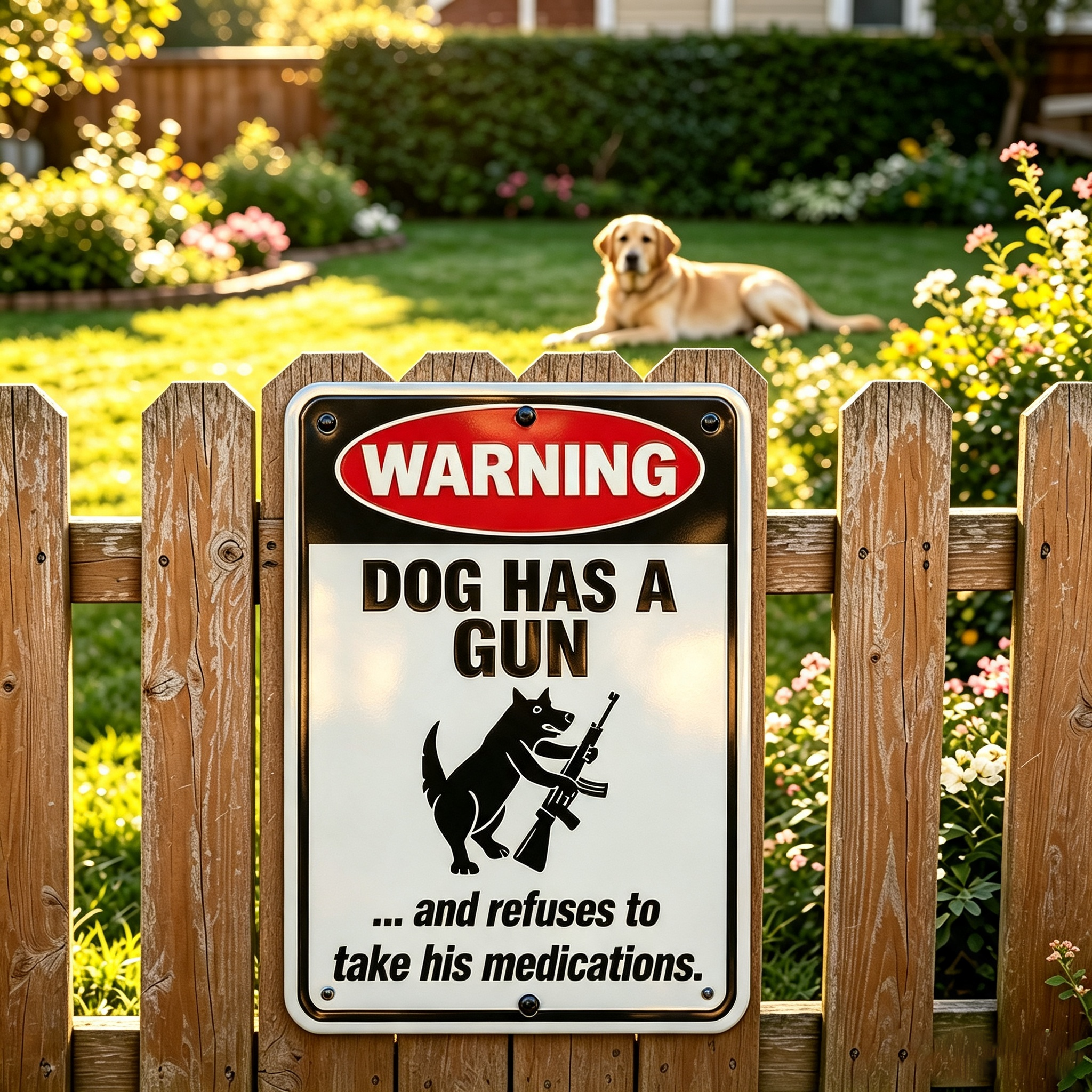 Funny "Cat & Dog Has a Gun & Won't Take Meds" Aluminum Sign