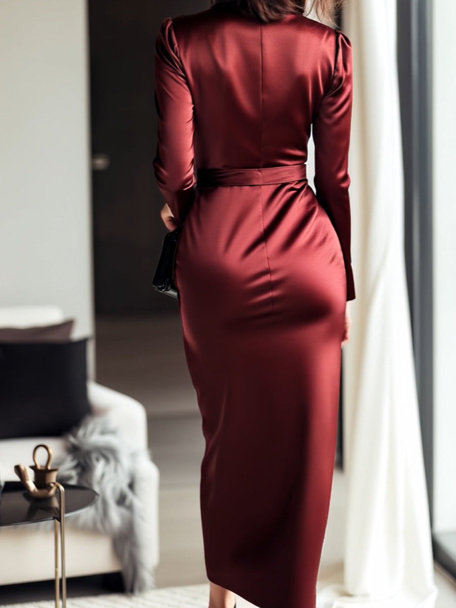 Timeless Burgundy Satin Wrap Dress