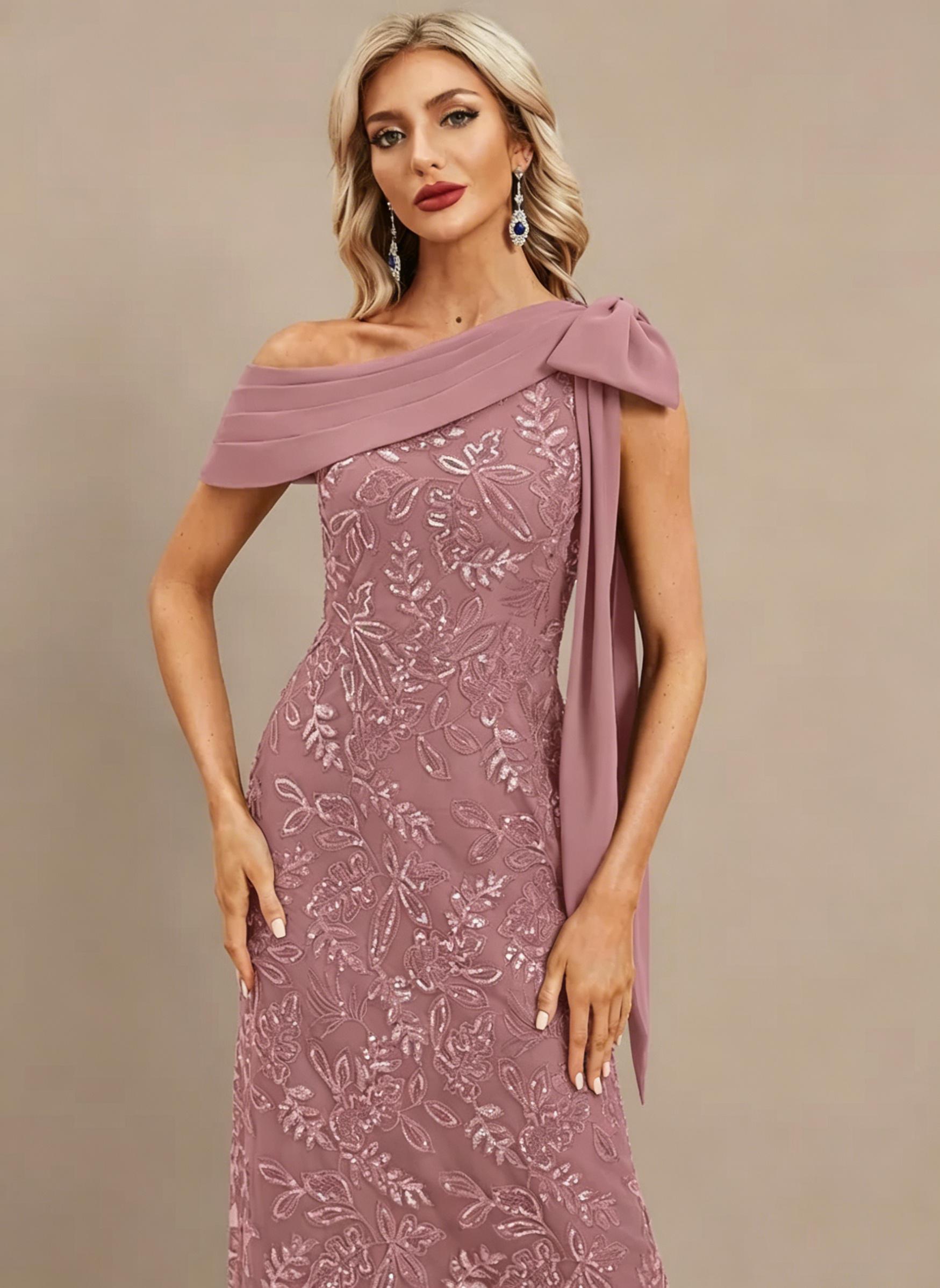 Plum Sheath/Column One Shoulder Pleated Lace Dress