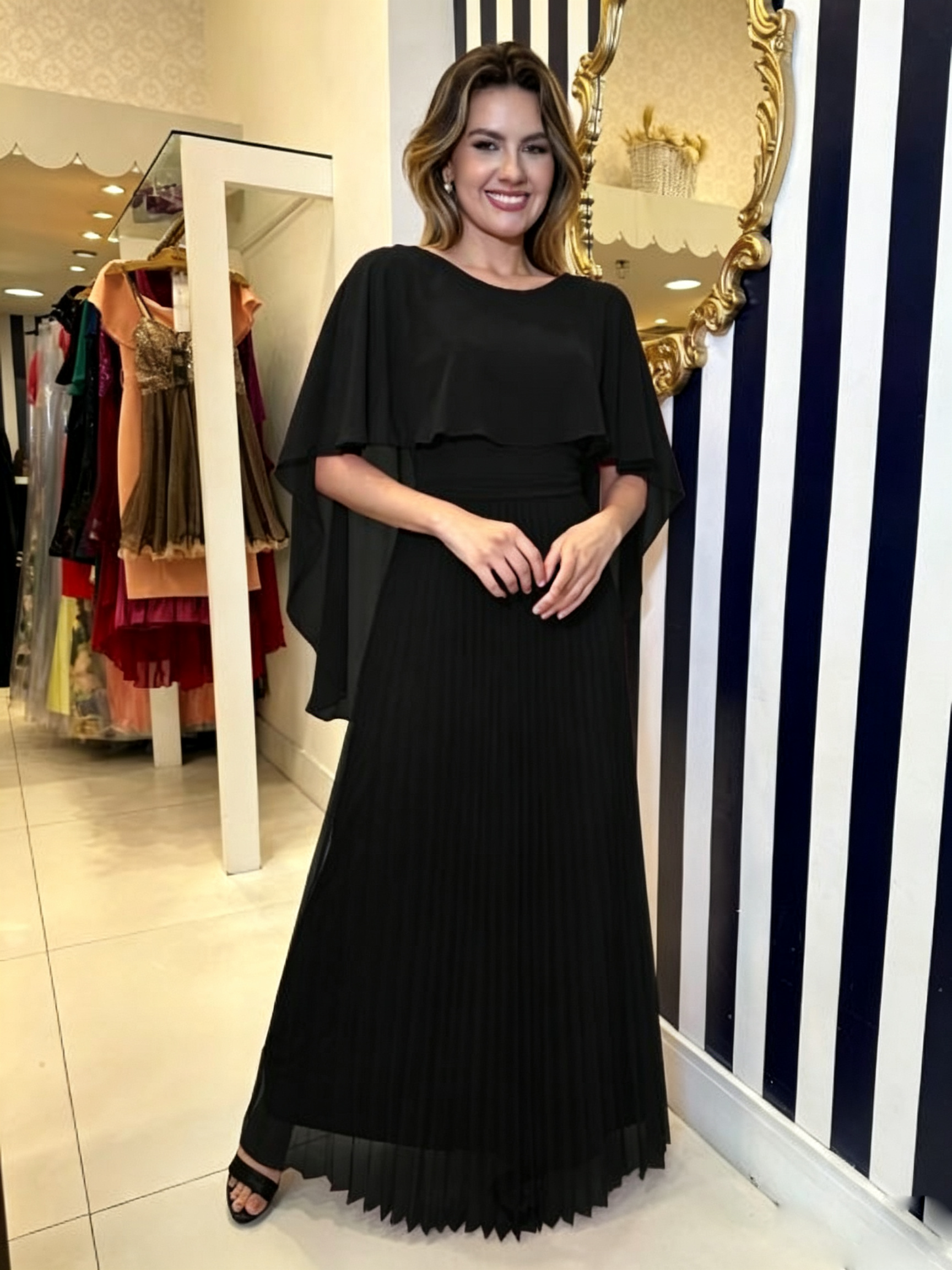 Ethereal Cape-Overlay Pleated Evening Gown
