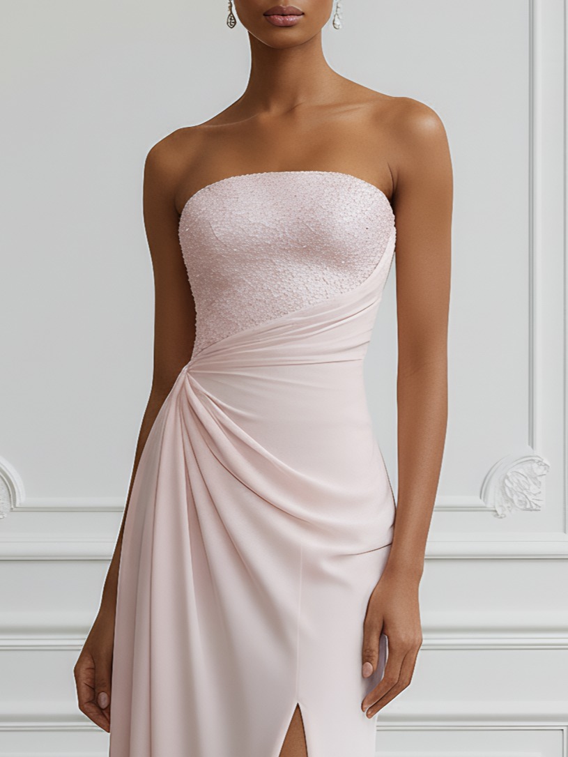 Pink Ruched Slit Knit Strapless Sleeveless Bodycon Gown Dress