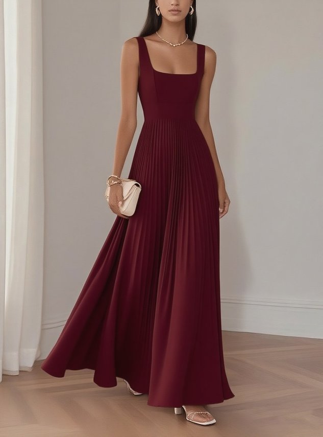 Light Blue Pleated Square Neck Sleeveless A-Line Maxi Dress
