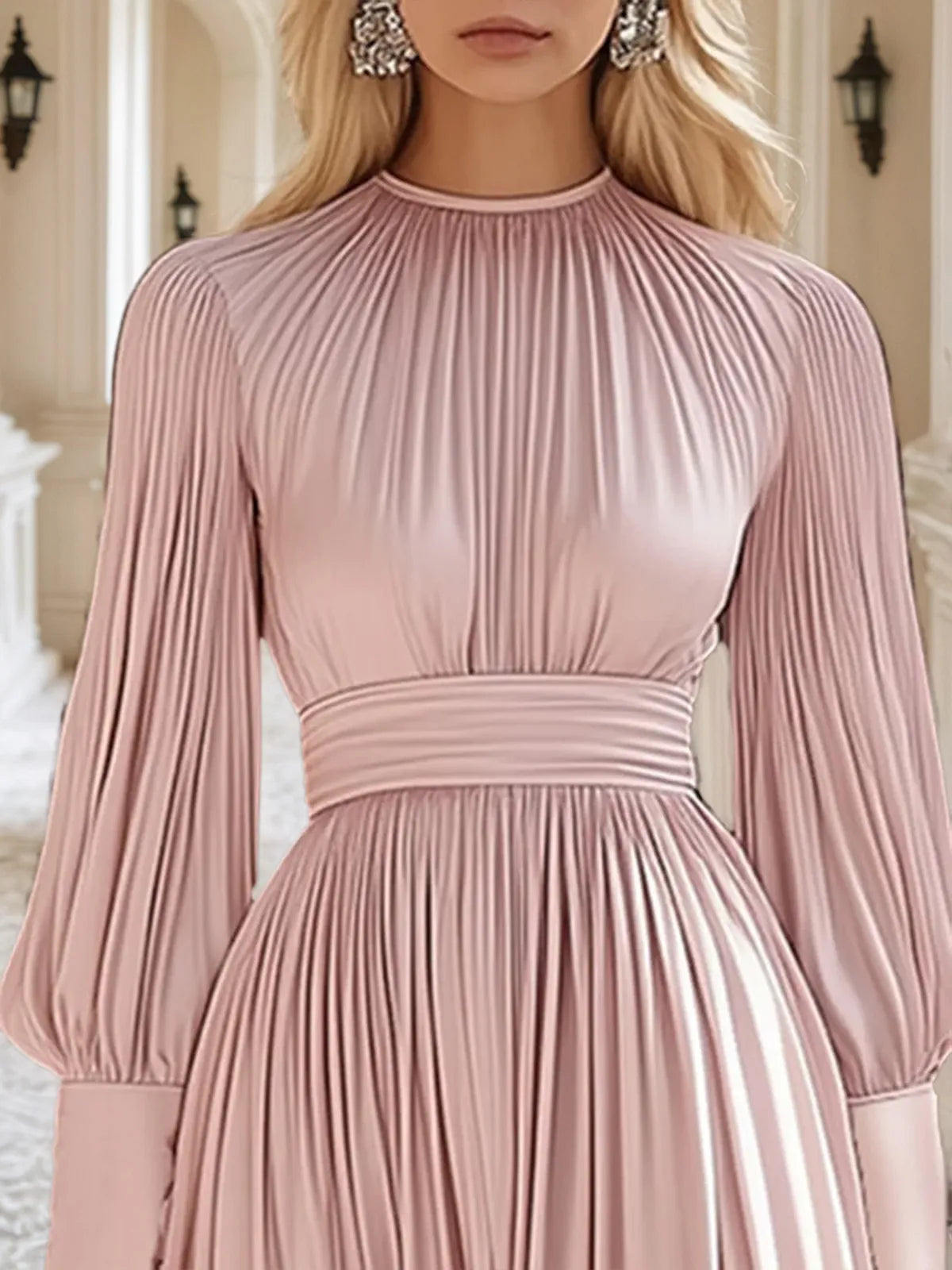 Fashionable And Elegant High-End Pleated Satin Maxi Dress