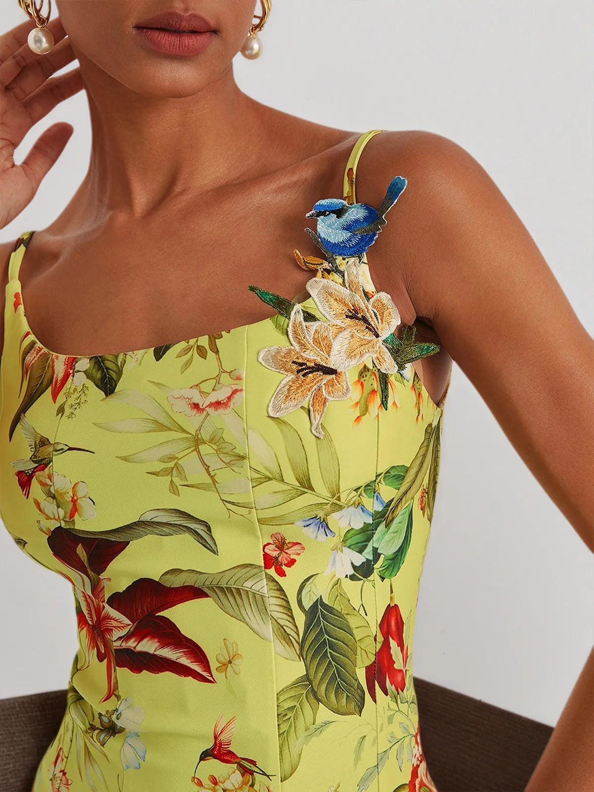 Yellow Floral Applique Spaghetti Mermaid Midi Dress