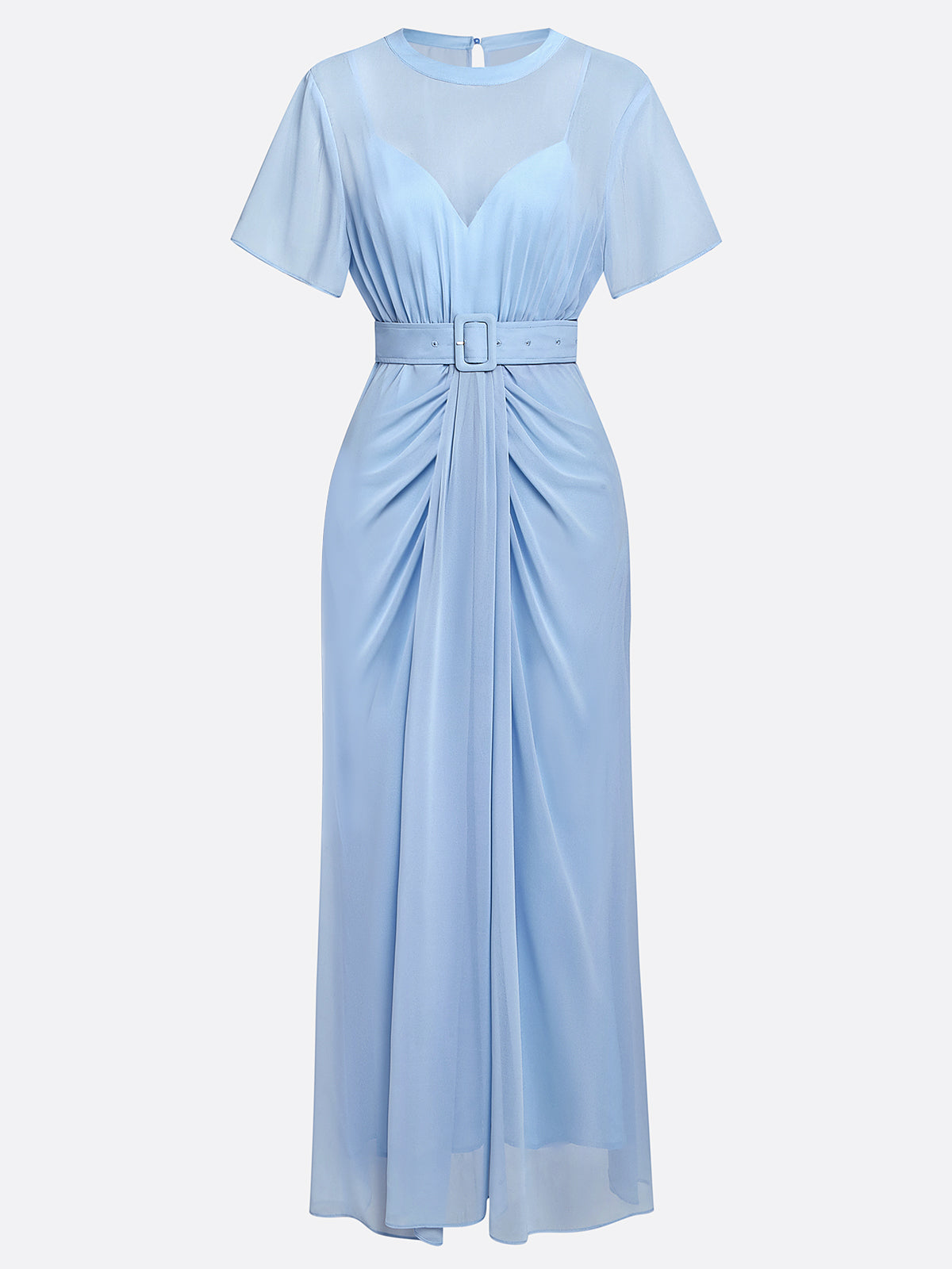 Light Blue Ruched Chiffon Crew Neck Short Sleeve A-Line Maxi Dress