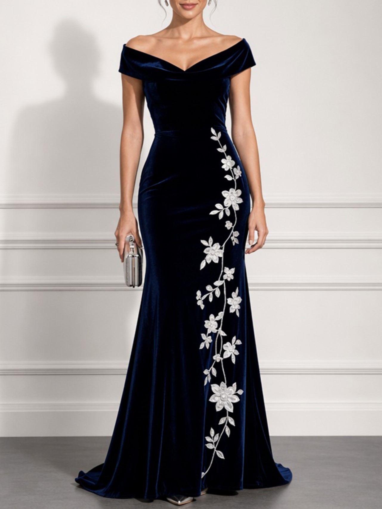 Off-the-Shoulder Draped Neck Navy Velvet Mermaid Evening Gown with White Floral Appliqués