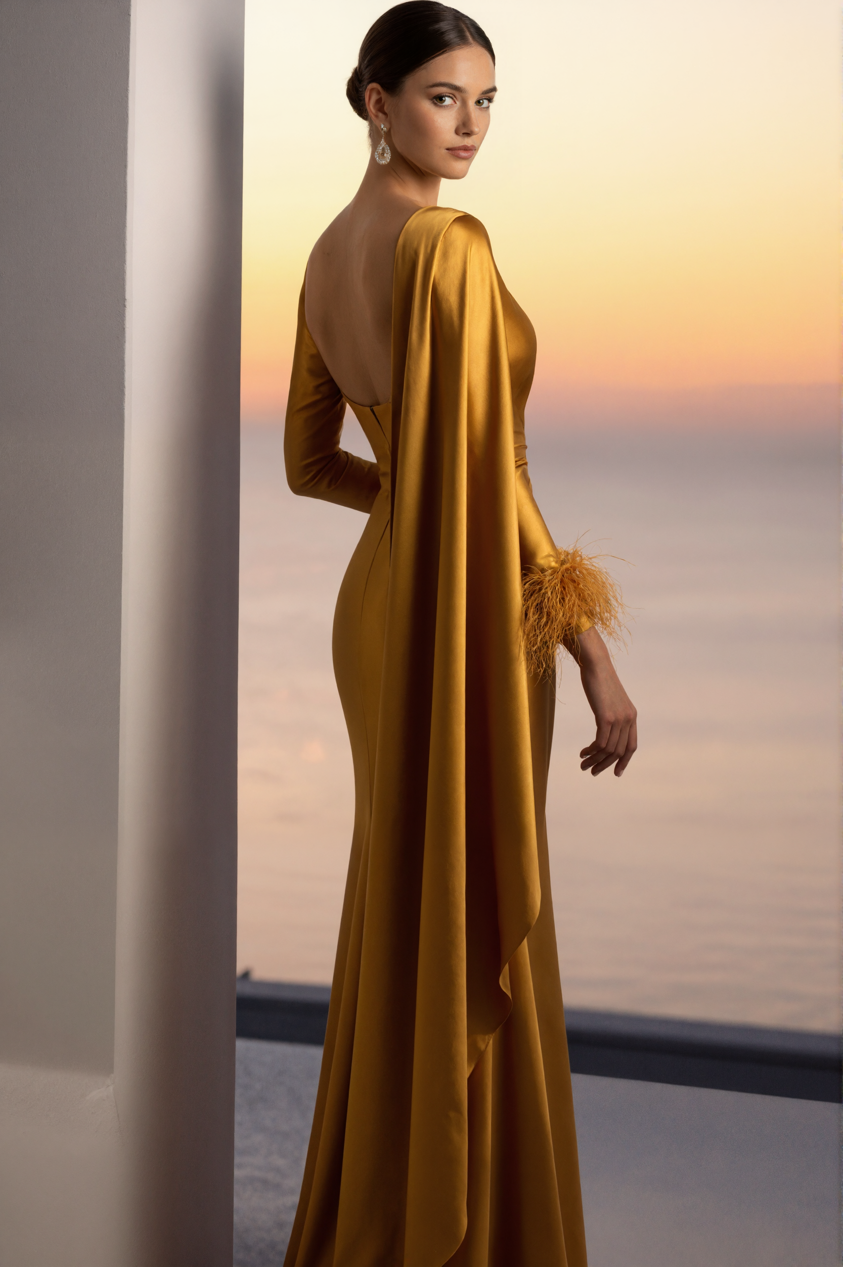Evening Formal Golden Satin Dress V Neck Long Sleeve Cape Maxi Gown