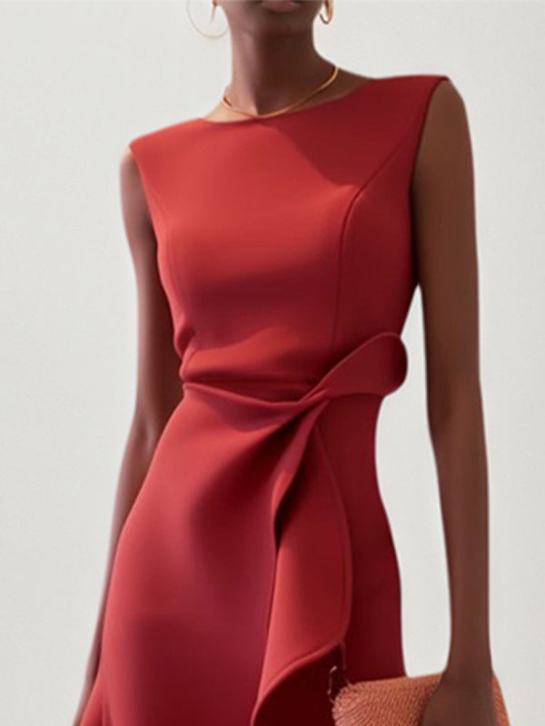 A Line Red Stretch Crepe Round Neck Sleeveless Knee Length Dress