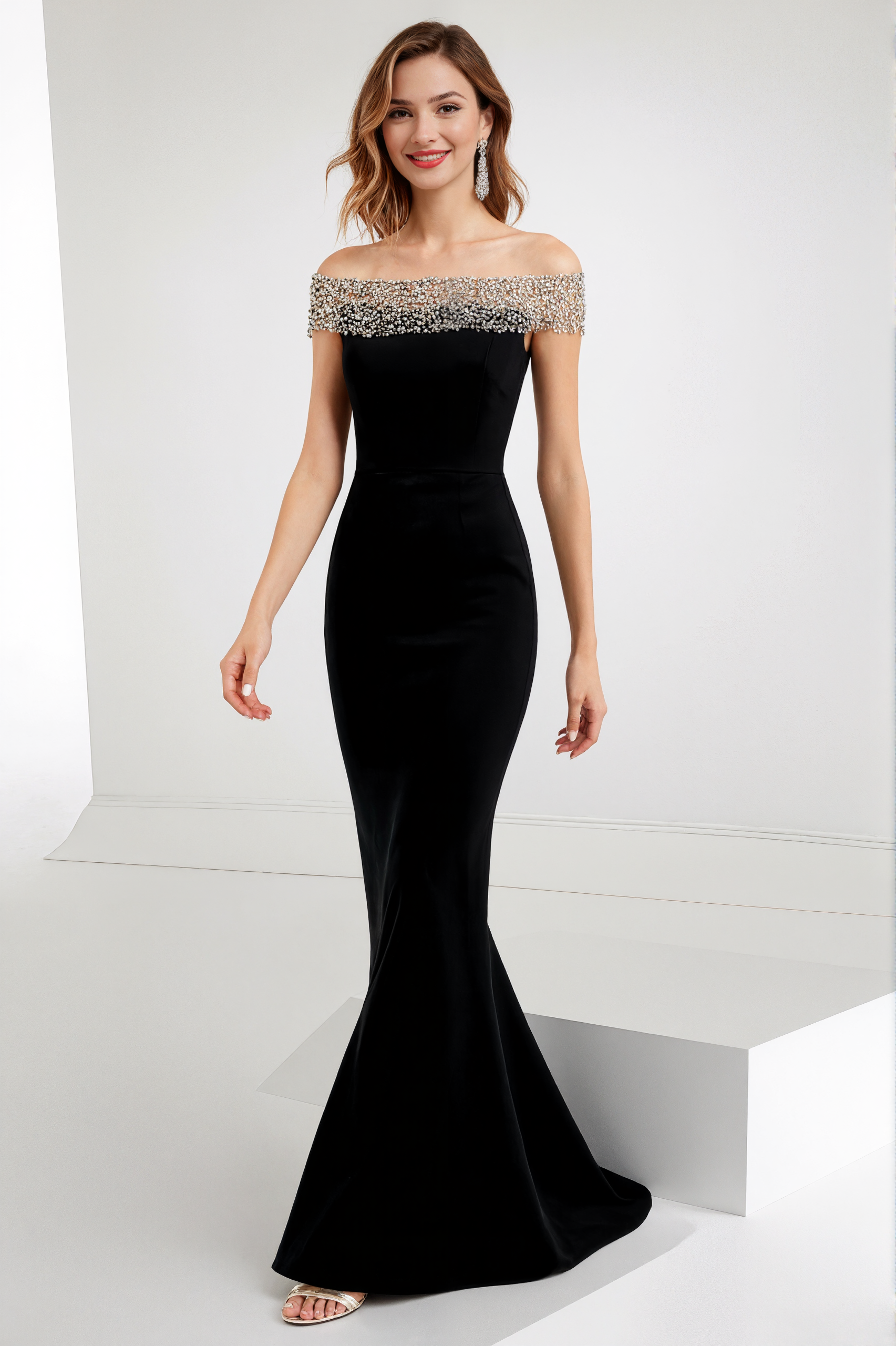 Formal Evening Dress Black Off-The-Shoulder Fitted Mermaid Maxi Gown