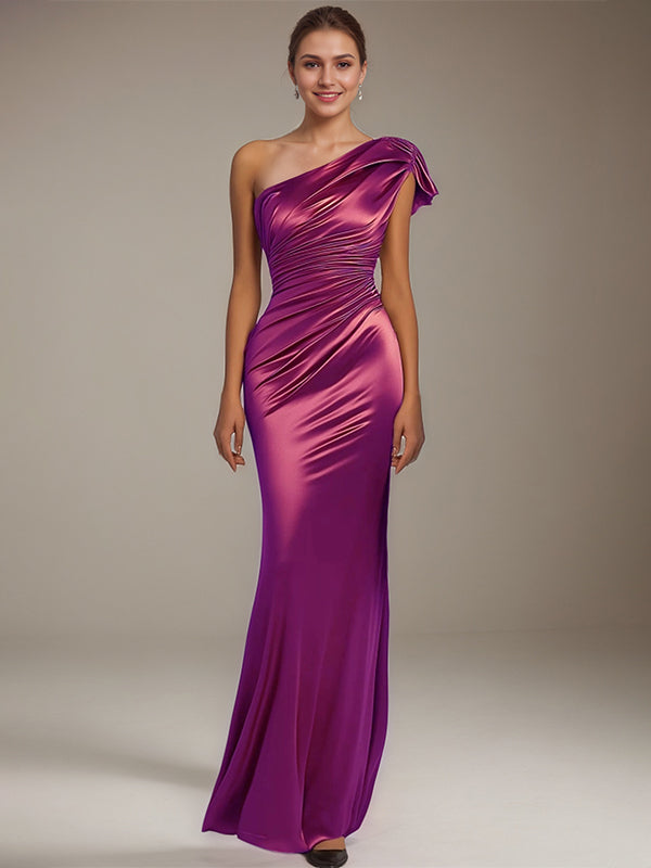 Formal Party Satin Dress Purple One-Shoulder Pleated 	Floor-Length Dress