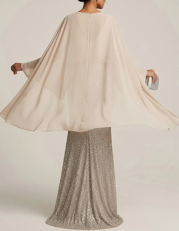 Beige Chiffon Capelet & Silver Sequin Mermaid Maxi Dress