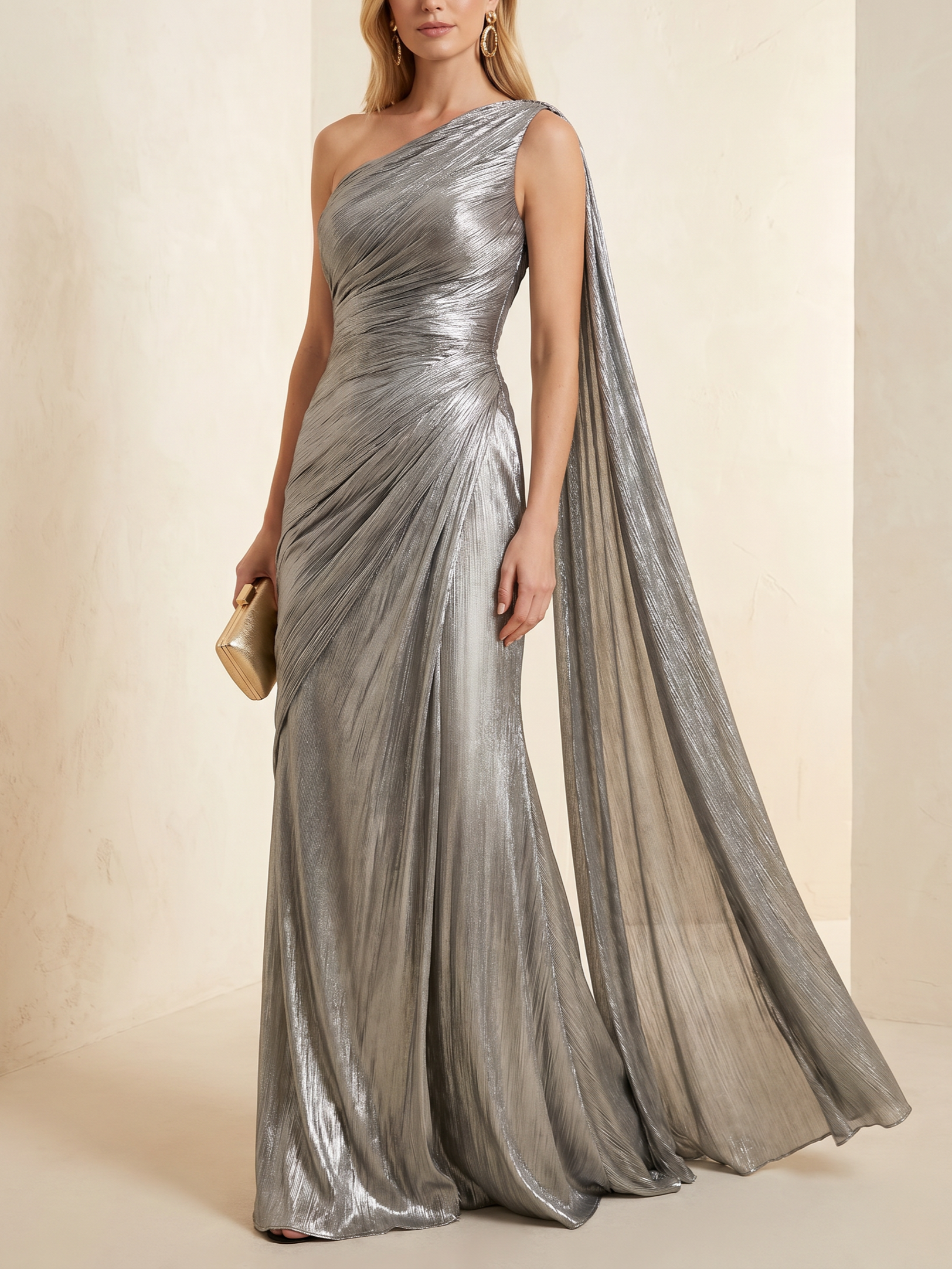 Silver One-Shoulder Draped Cape Metallic Mermaid Maxi Dress