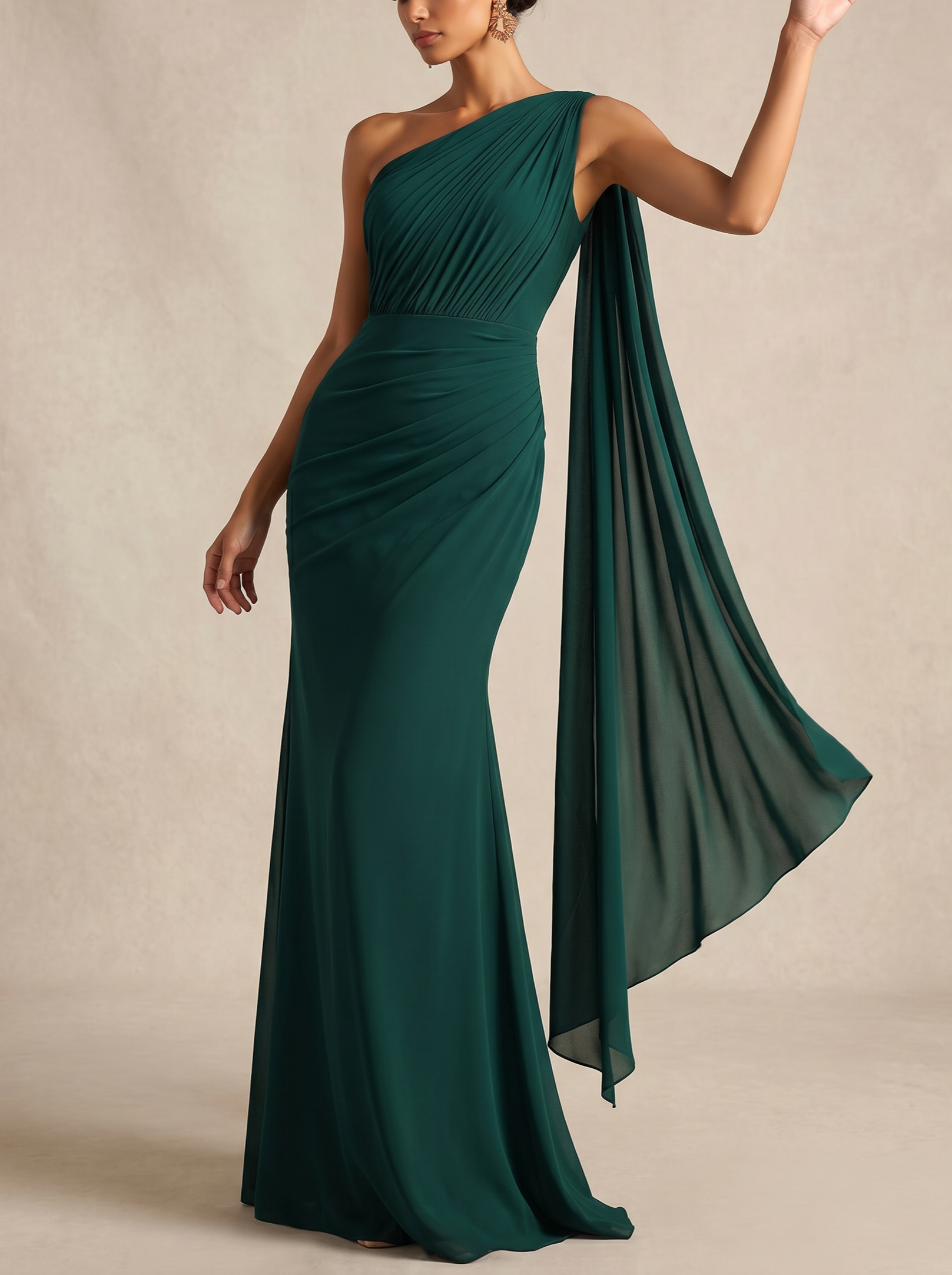 Emerald Green One-Shoulder Cape Sleeve Ruched Mermaid Gown