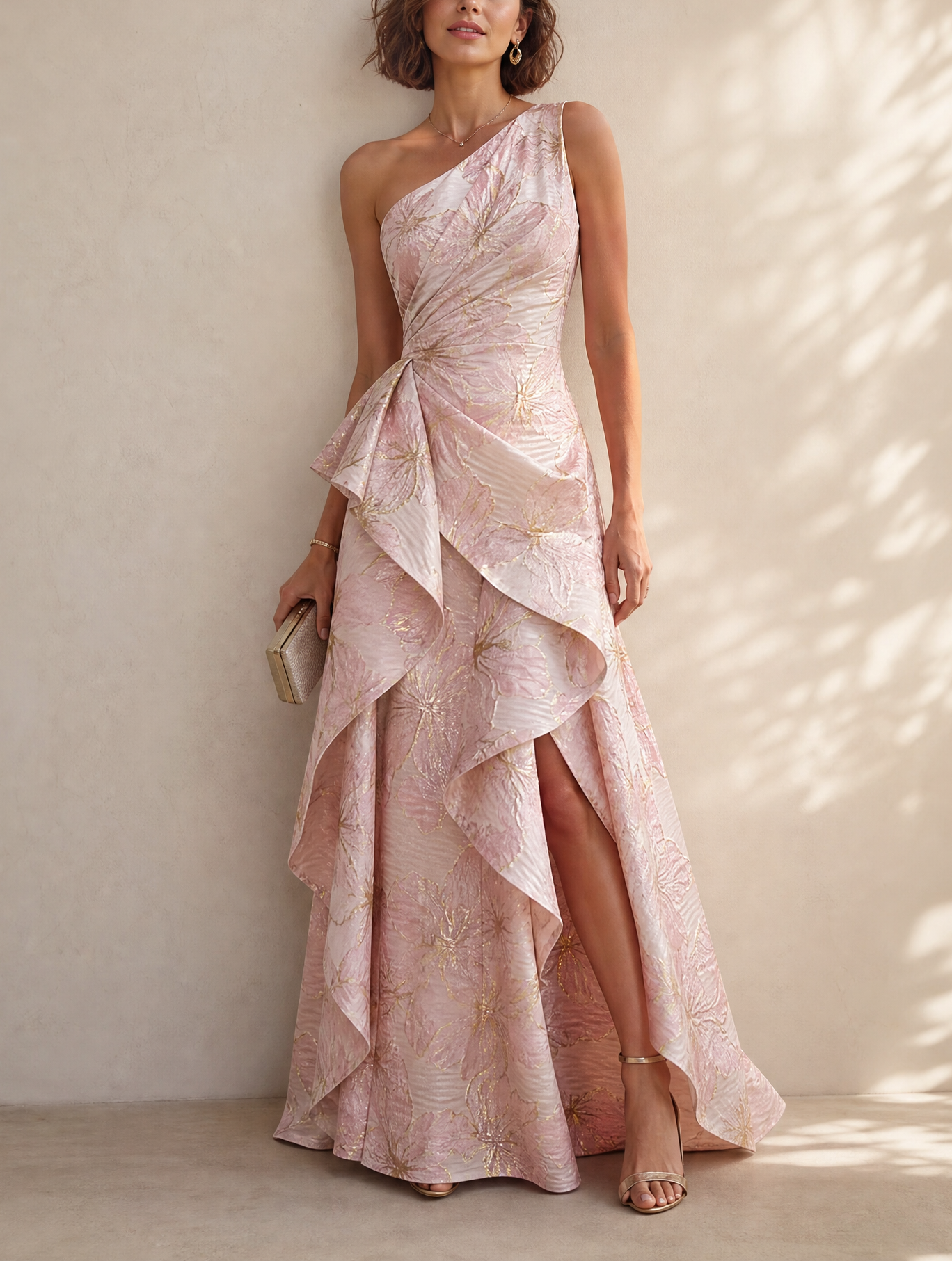 Blush Pink Gold Floral Jacquard One-Shoulder Gown with Cascading Ruffles & High Slit