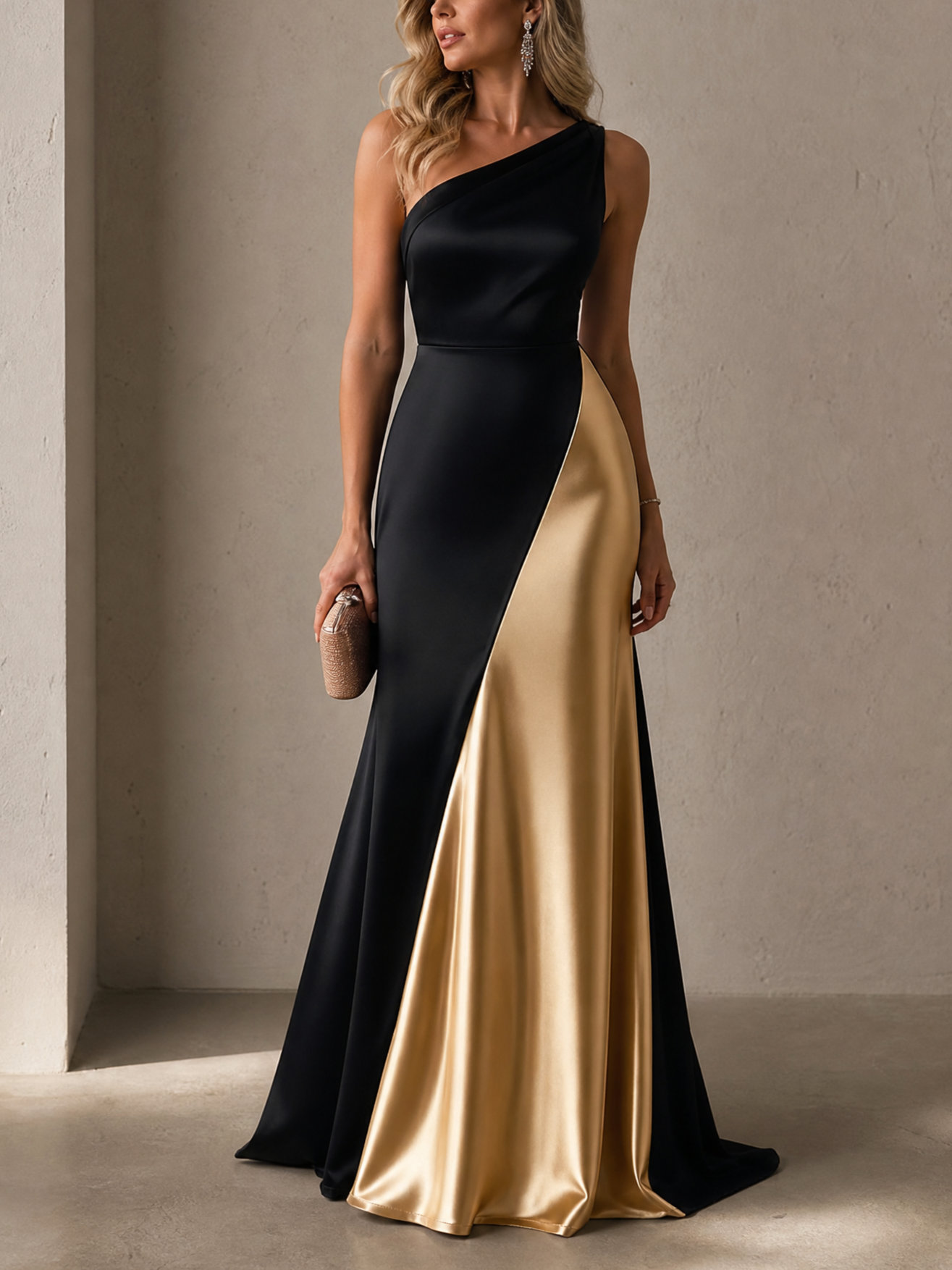 Black Gold Color Block One-Shoulder Satin Mermaid Gown
