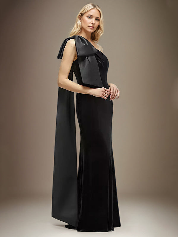 Stretch Crepe Sheath/Column One Shoulder Sleeveless Floor Length Dress With Bow