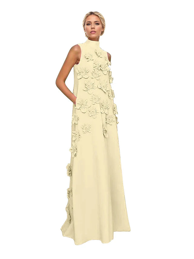 A Line High Neck Sleeveless Floor Length Stretch Crepe Dress With 3D Flowers