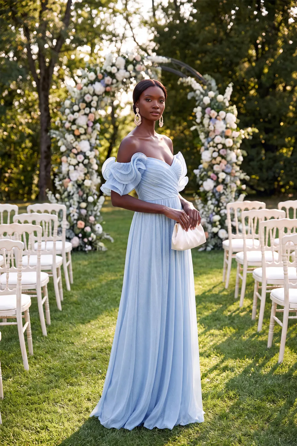 Light Blue Off Shoulder A-Line Pleated Chiffon Maxi Dress