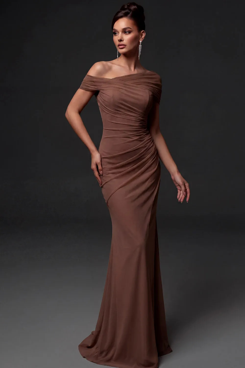 Off Shoulder Mermaid Pleated Chiffon Maxi Dress