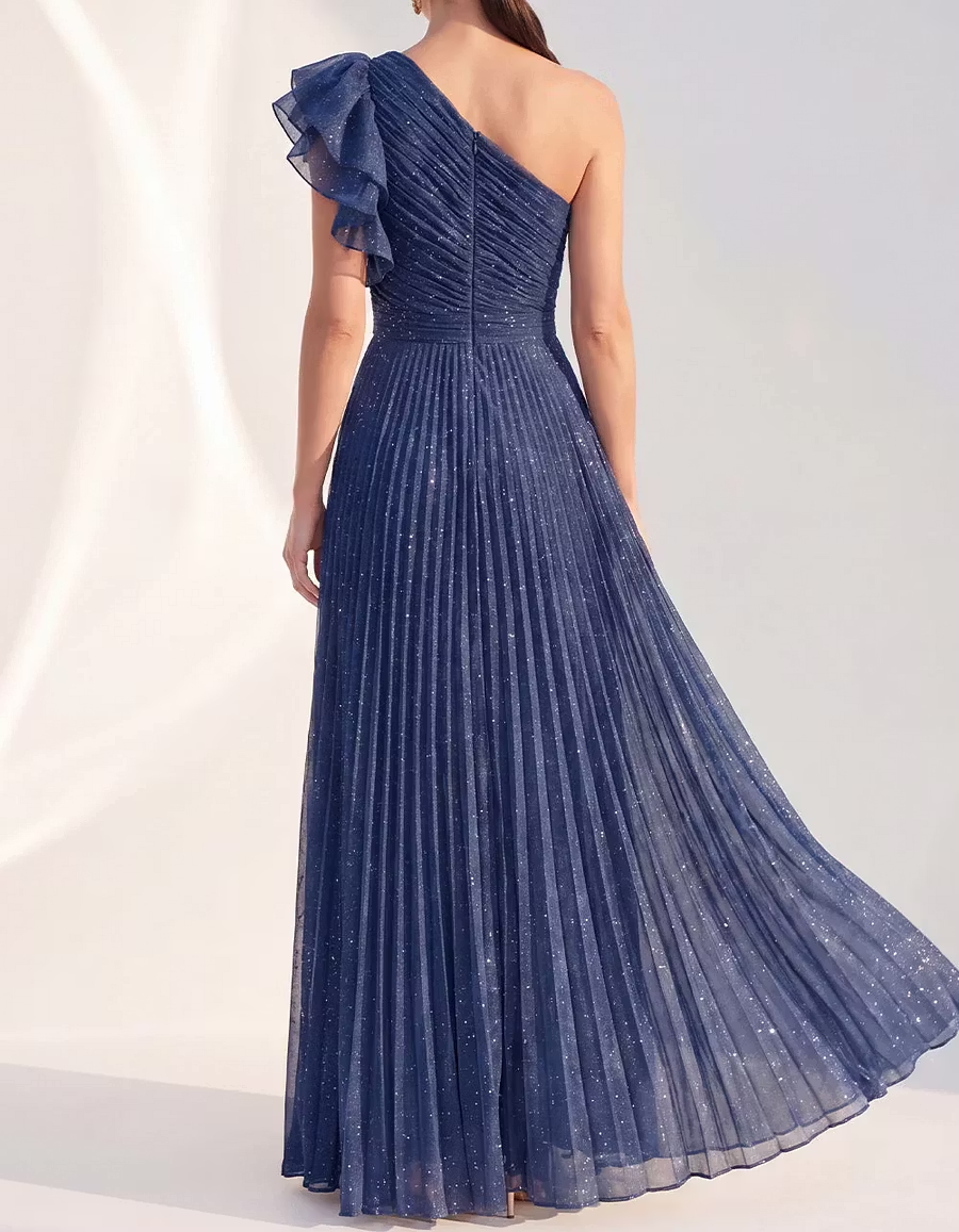 Chiffon Rhinestone One-Shoulder Pleated Waist Maxi Dress