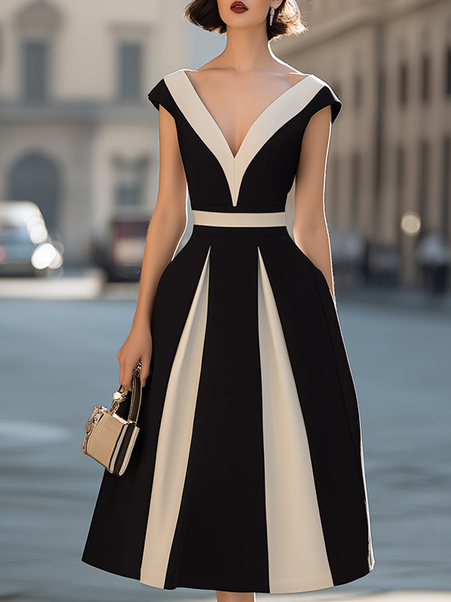 Contrast Panel V-Neck A-Line Midi Dress