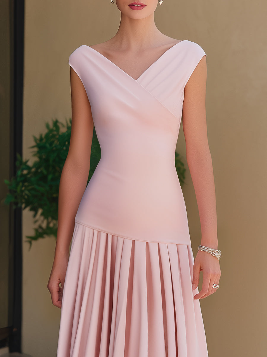 V-Neck Pleated Hem Elegant Midi Dress