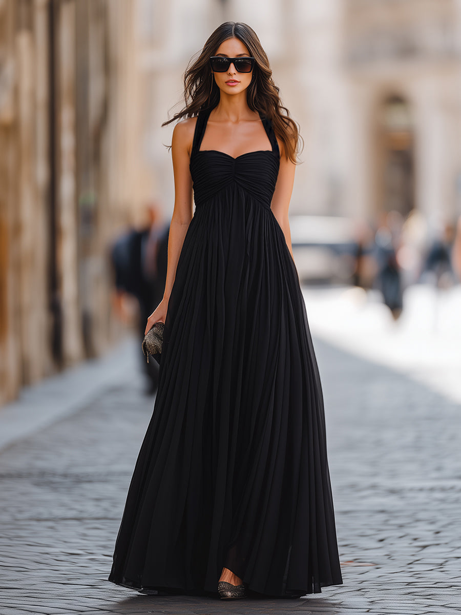 Ruched Bodice Halter Neck Maxi Dress With Flowing A-Line Silhouette