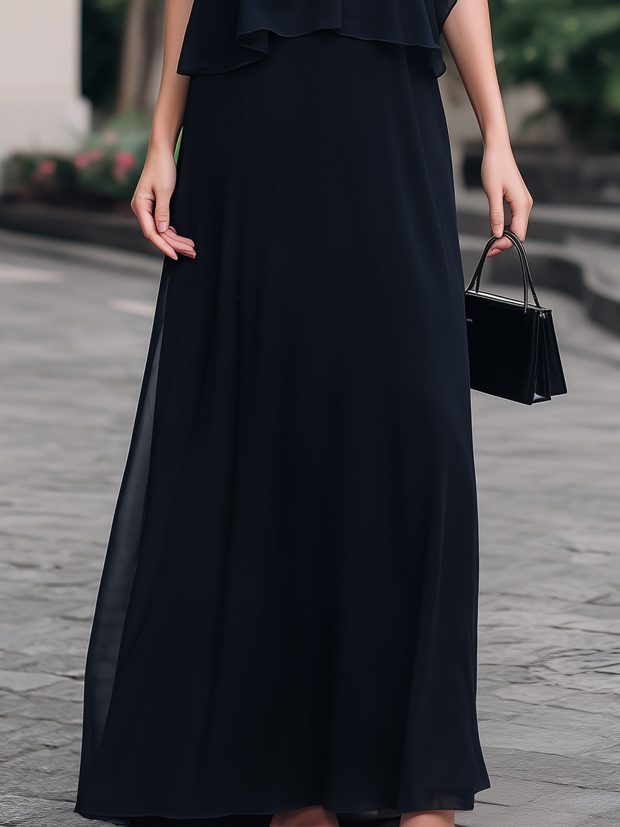 Black Halter-Neck Tiered Ruffle Chiffon Maxi Dress