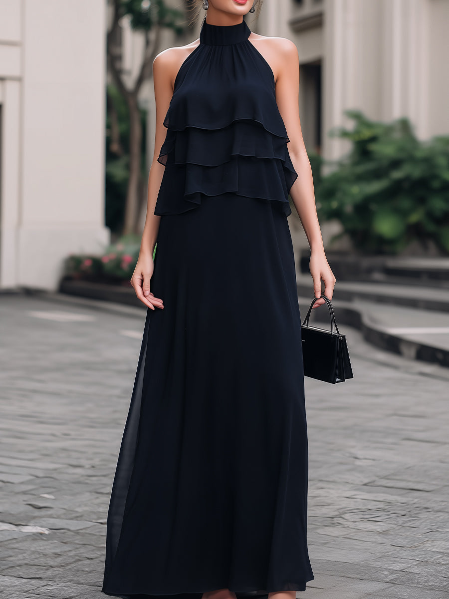 Black Halter-Neck Tiered Ruffle Chiffon Maxi Dress