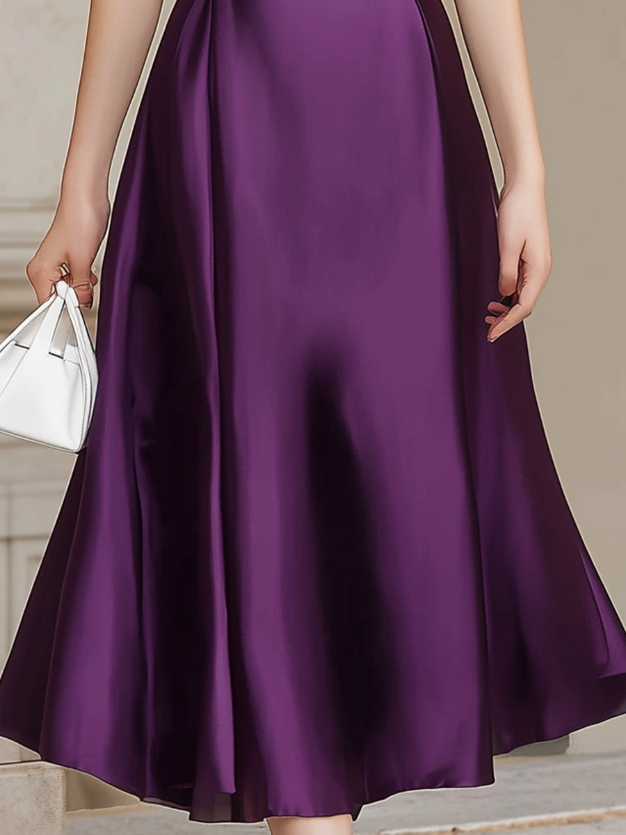 Folded Off-Shoulder Satin A-Line Midi Dress