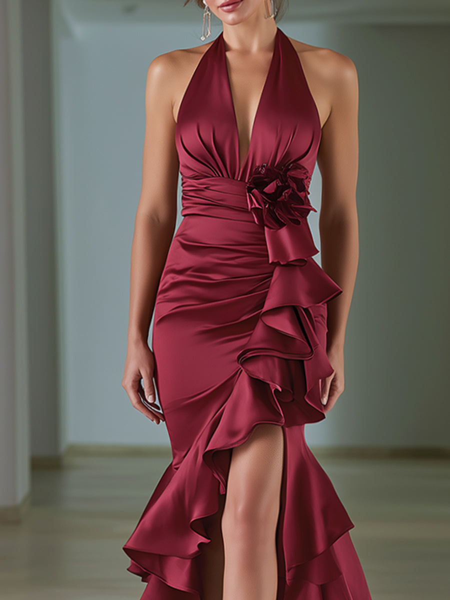 Floral Appliqué Halter Satin Ruffle Mermaid Gown