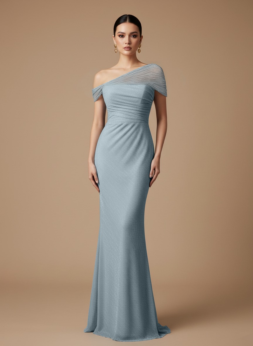 Evening Prom Light Blue Gown One Shoulder Glitter Ruched Maxi Dress