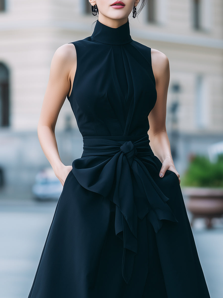 Elegant Black High-Neck Sleeveless Asymmetrical Midi Dress