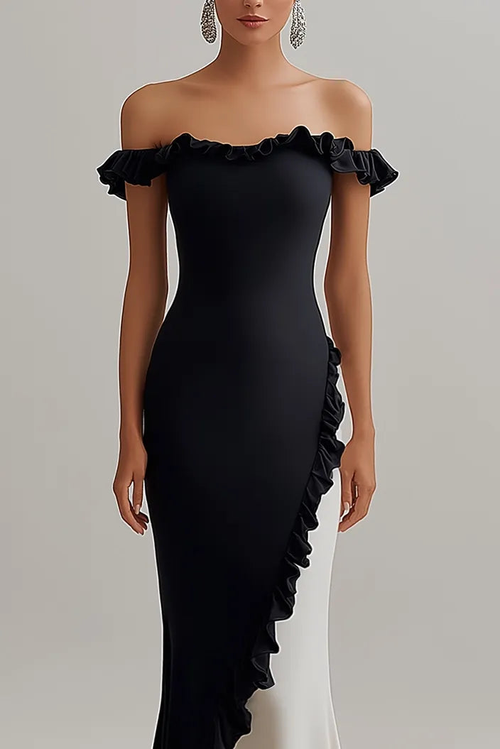 Formal Evening Gown Color Block Off-Shoulder Ruffle Floor-Length Dress
