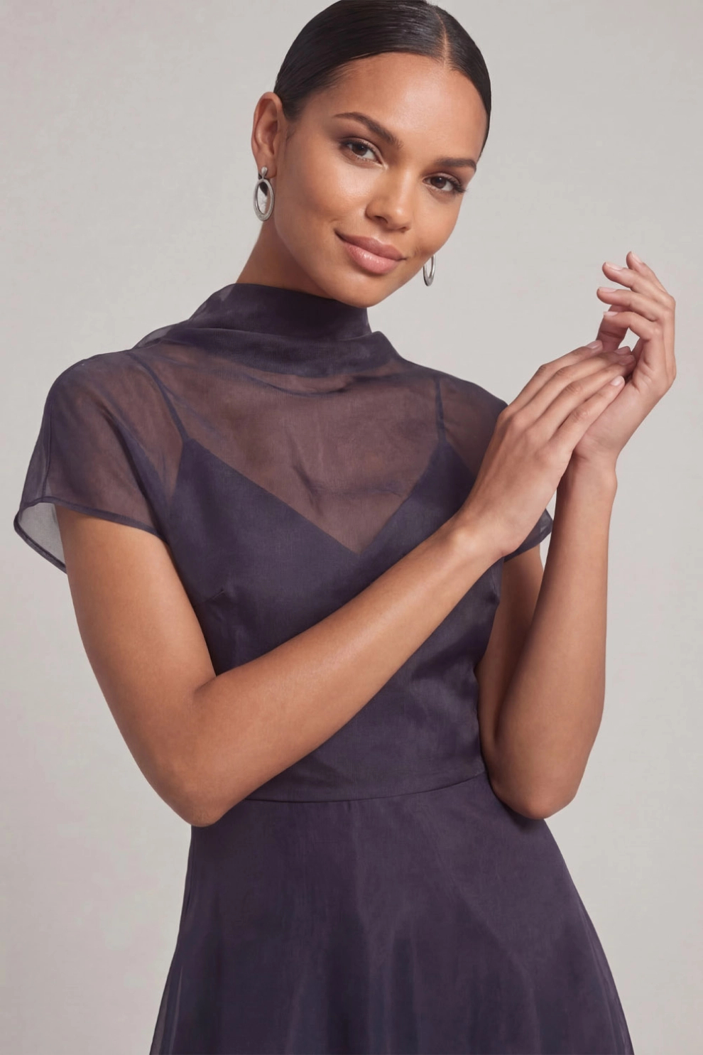 A-Line High Neck Illusion Short Sleeves Maxi Dress