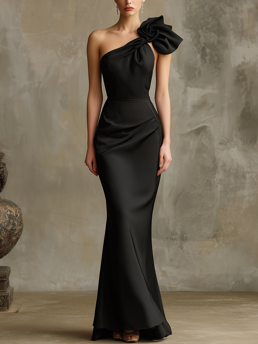 Black One-Shoulder Satin Gown With Sculpted Floral Accent