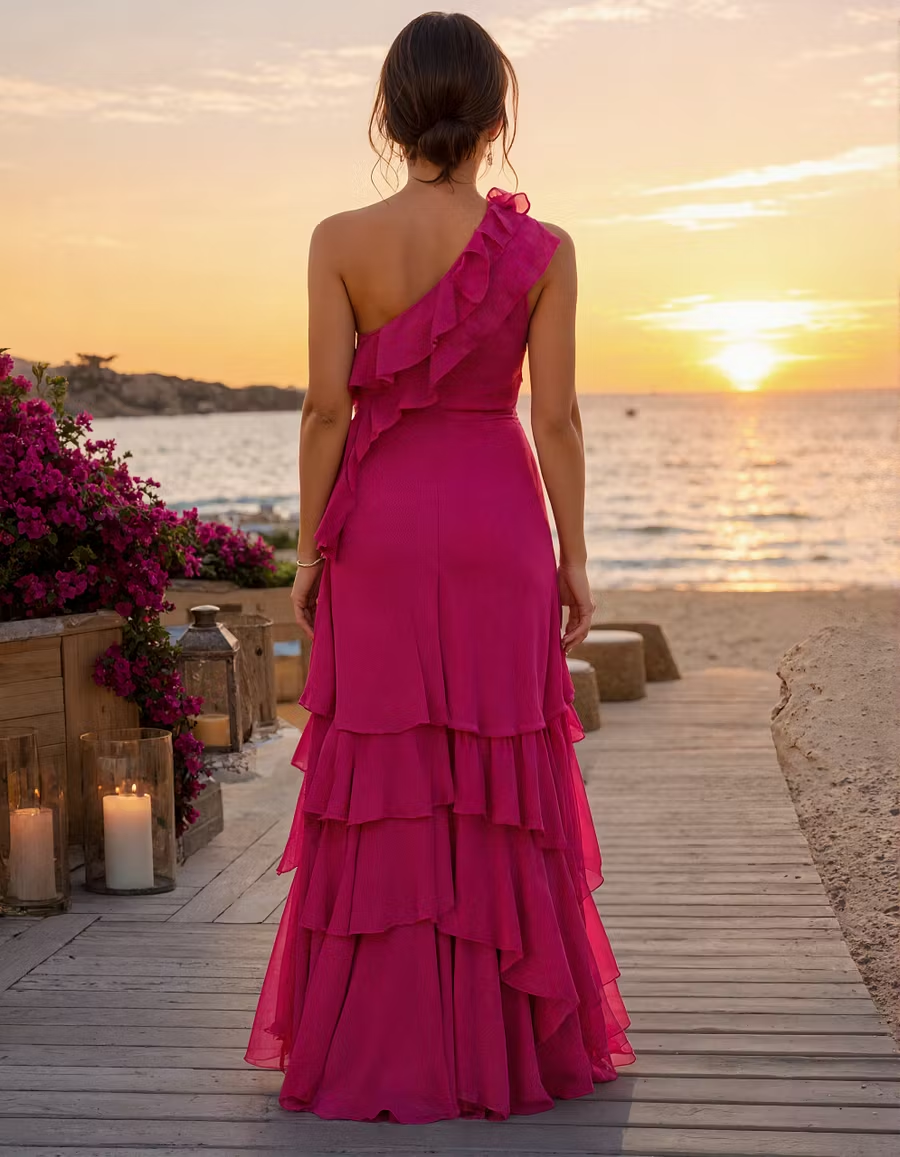 Rose Pink Chiffon One Shoulder Ruffle Maxi Dress