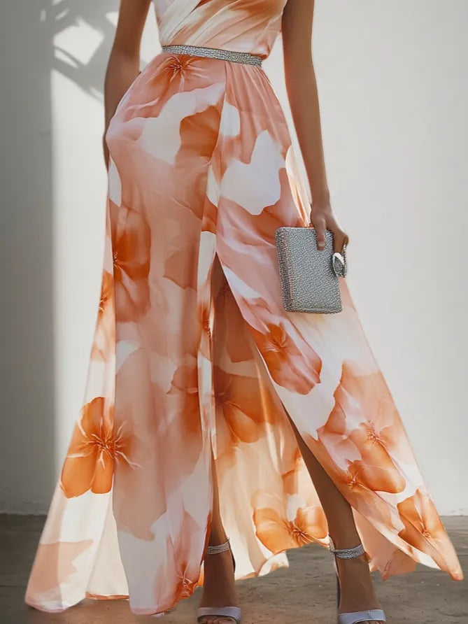 Orange Multicolor Floral Rhinestone Slit Chiffon One Shoulder Sleeveless A-Line Maxi Dress