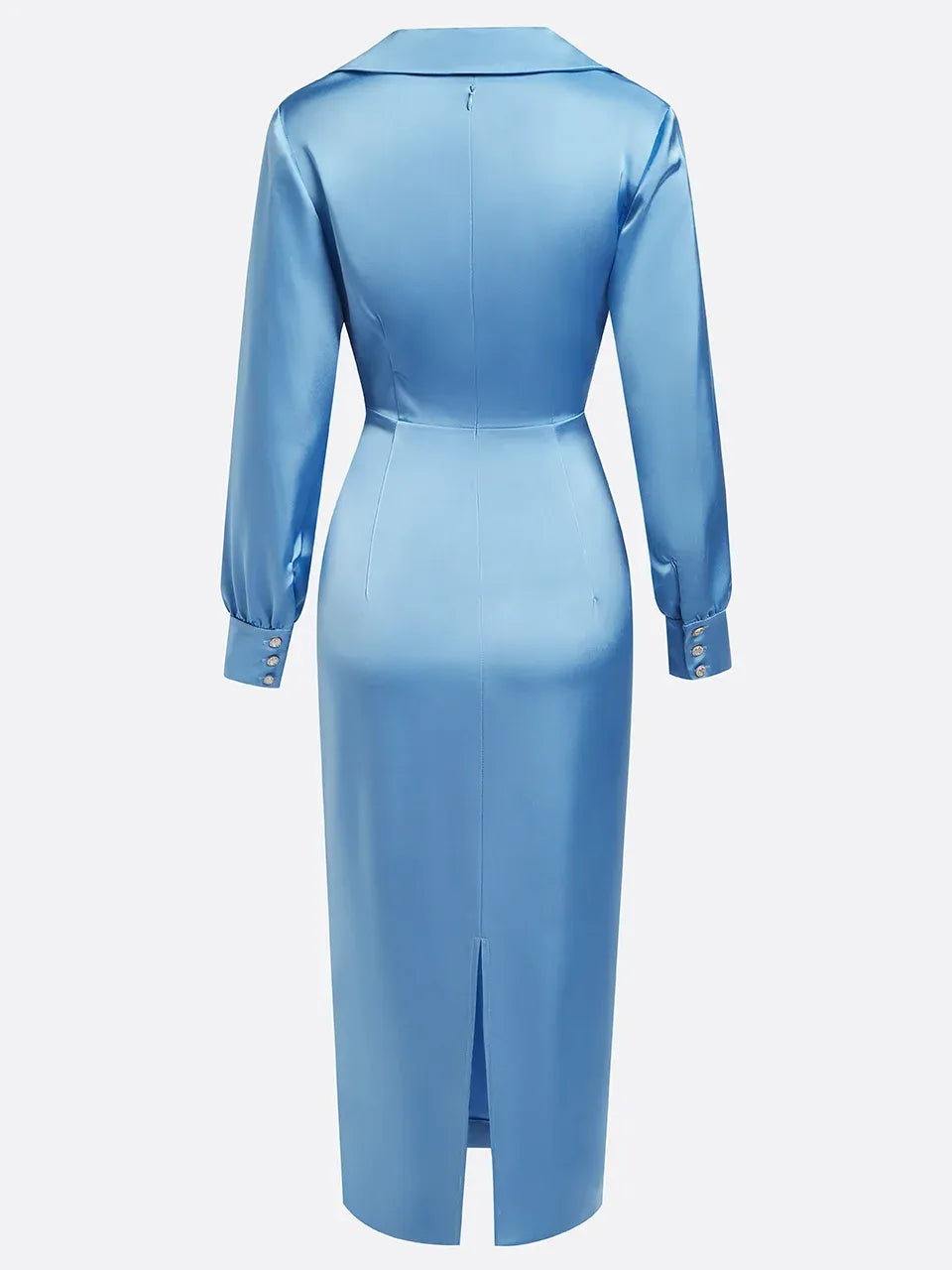 Blue Satin Ruched Shirt Collar Sheath Midi Shirt Dress